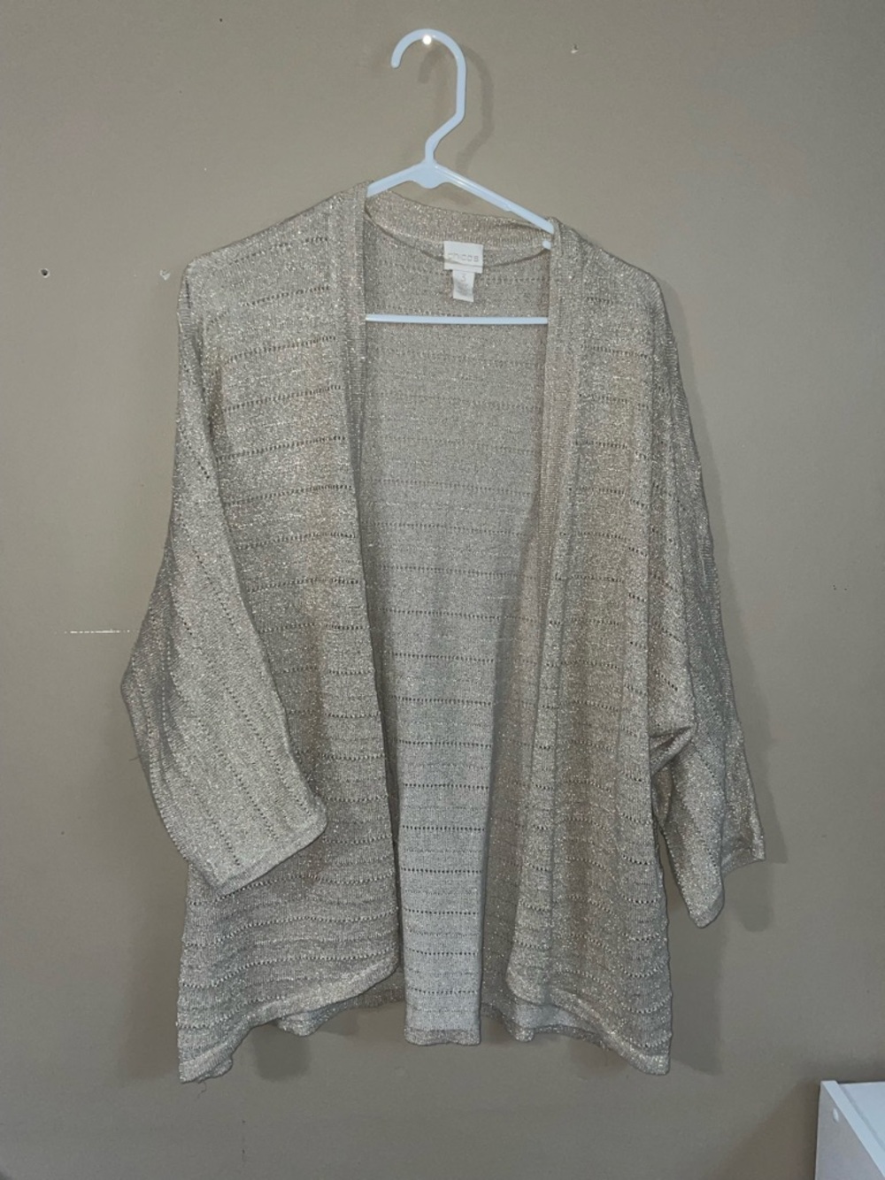 Chico’s light Gold shimmery Open-Front Women's Sweater Cardigan 3 (XL)